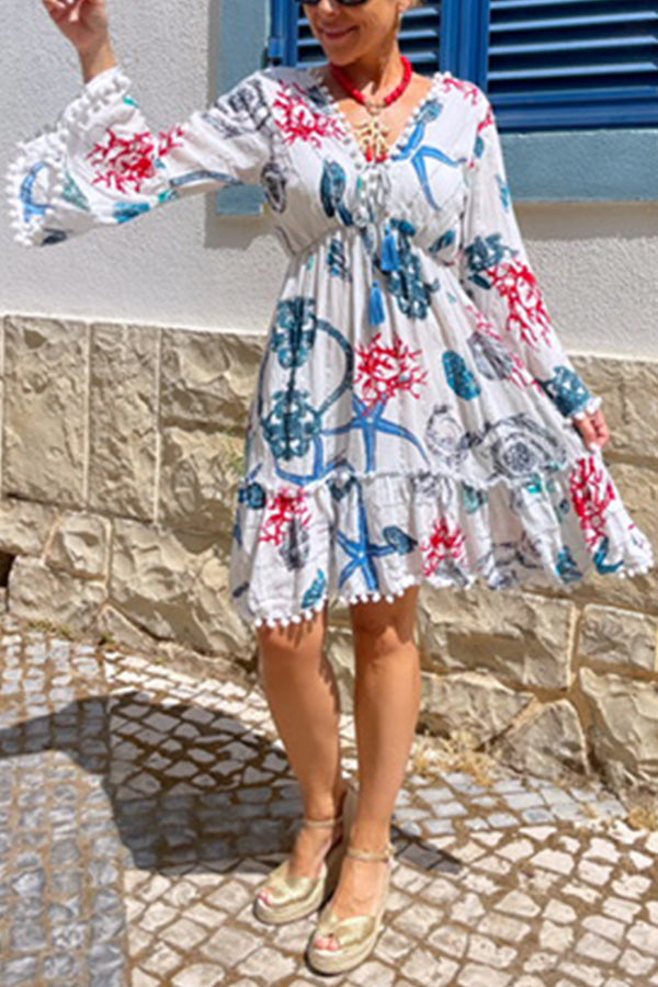 CM | Vestido Corto Manga Campana Cuello en V Coral Estrella de Mar