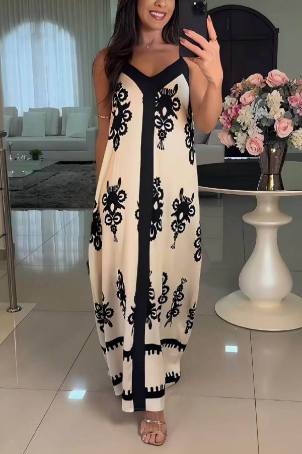CM | Elegante maxi vestido casual patchwork con estampado étnico