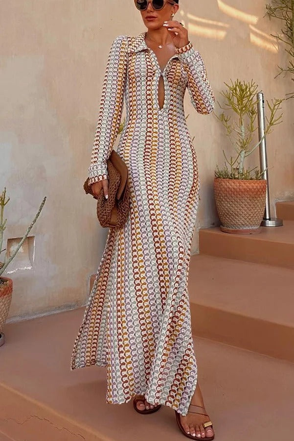 CM | Bondi beach tejido de punto con estampado de olas de colores maxi vestido de vacaciones de manga larga