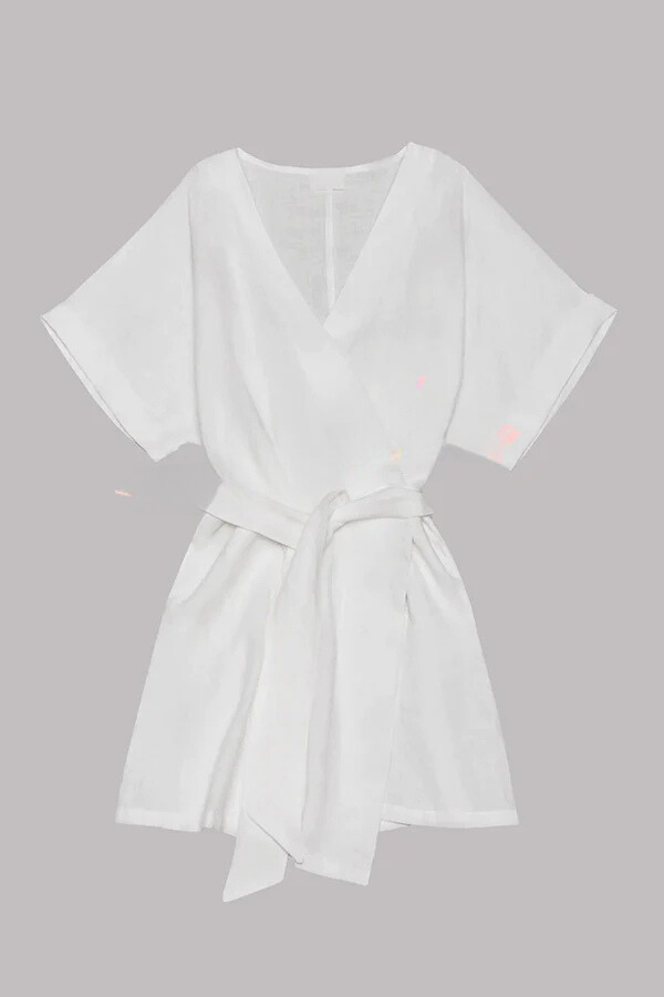 CM | mini vestido kimono con cinturón de bolsillo en mezcla de algodón y lino
