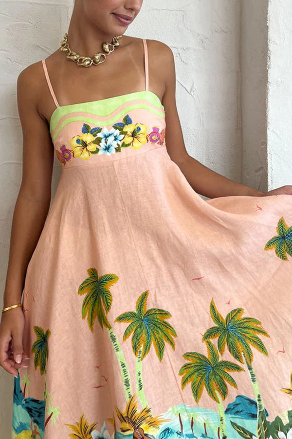 CM | Vestido midi con espalda fruncida y estampado tropical en mezcla de lino Coconut Scenery