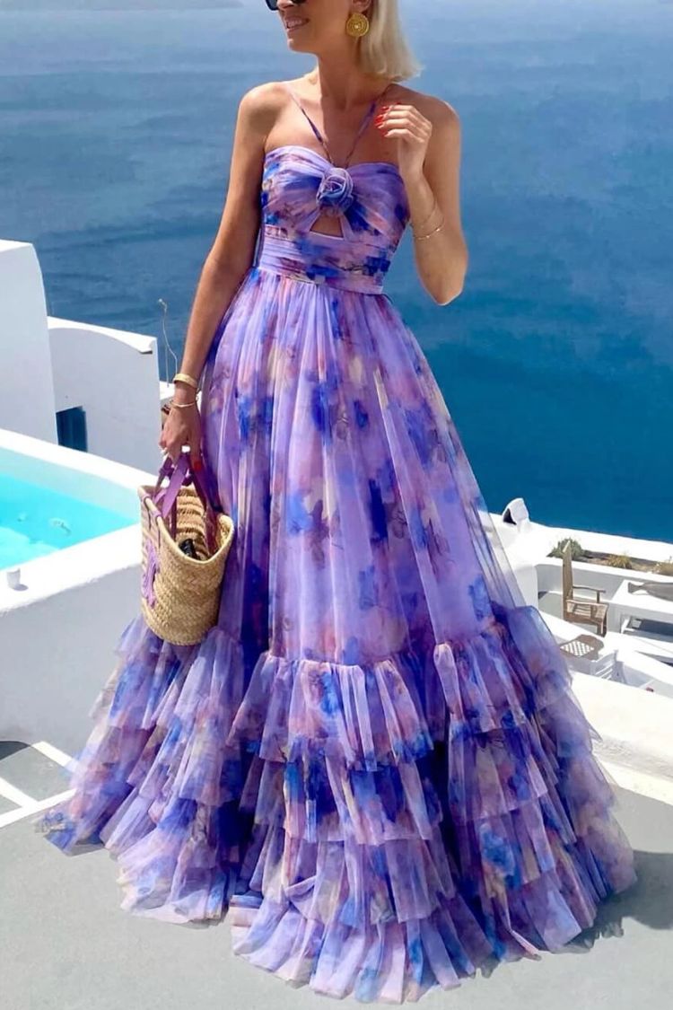 CM | Dreamy Clouds Tul estampado Rosa Detalle Cuello Ruffle Striped Halter Maxi Vestido