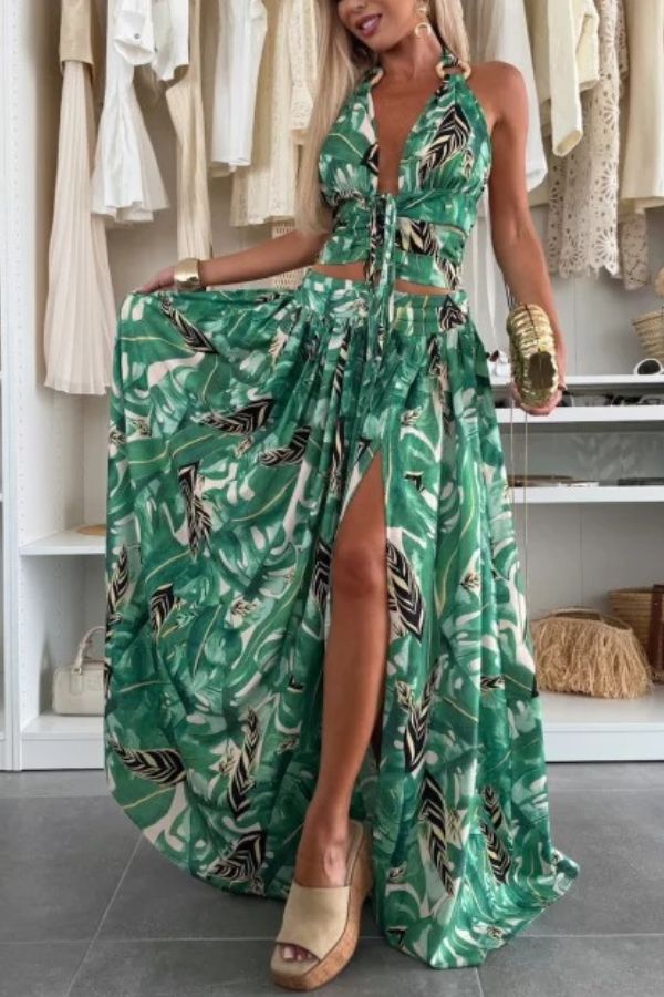 CM | Paisaje Amazónico Impresión Única Cuello Atado Cintura Anillo Halter Hendidura Maxi Vestido