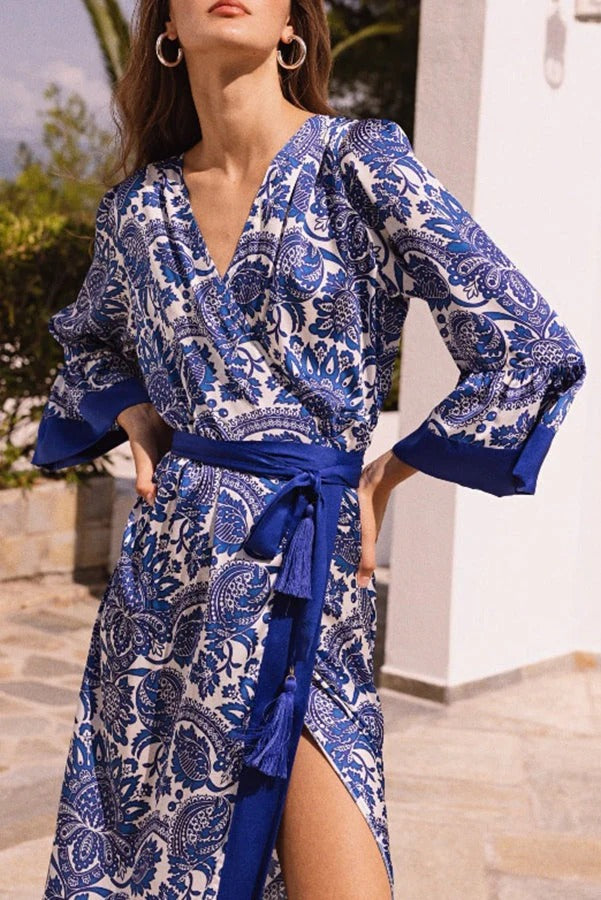 CM | Greek Island Satén Cinturón de borlas estampado floral único Maxi vestido de aspecto envolvente