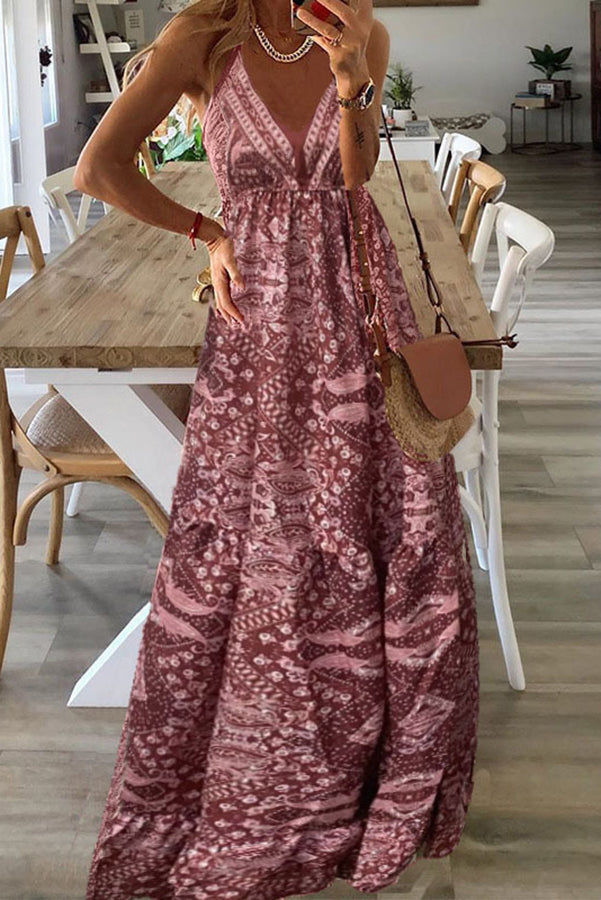 CM | Celeste maxi vestidos de tirantes con estampado boho y cintura elástica