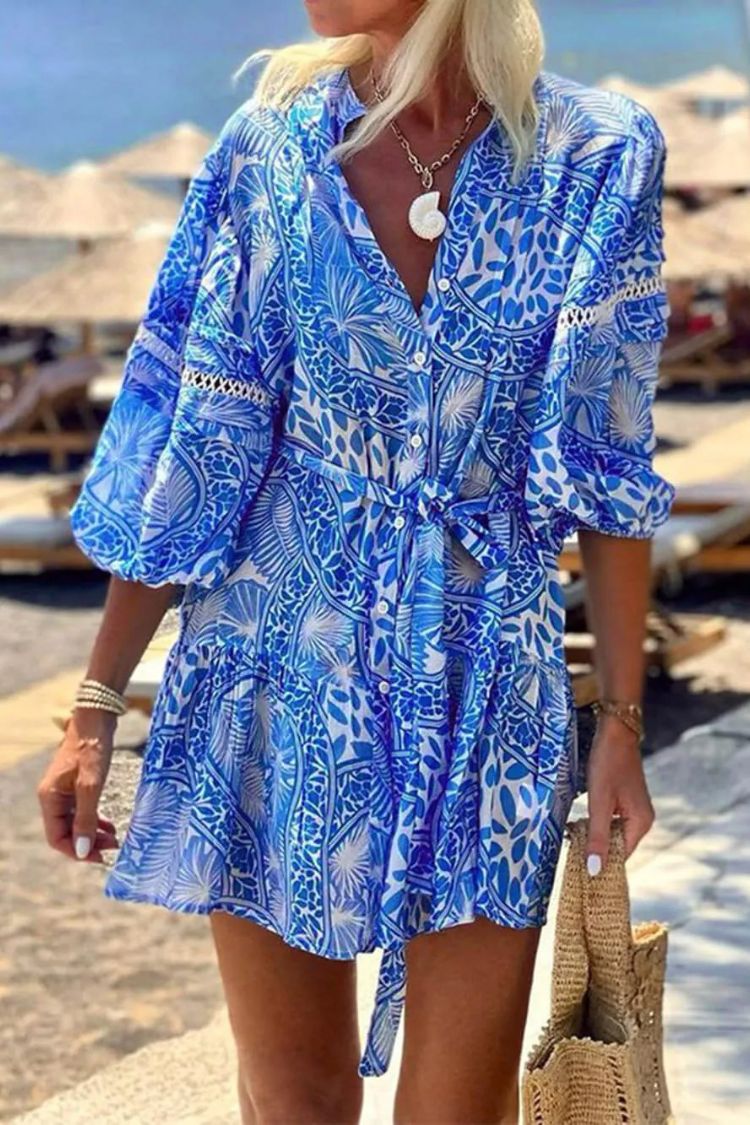 CM | Fashion Stand Up Collar Shift Impreso Resort Mini Vestido