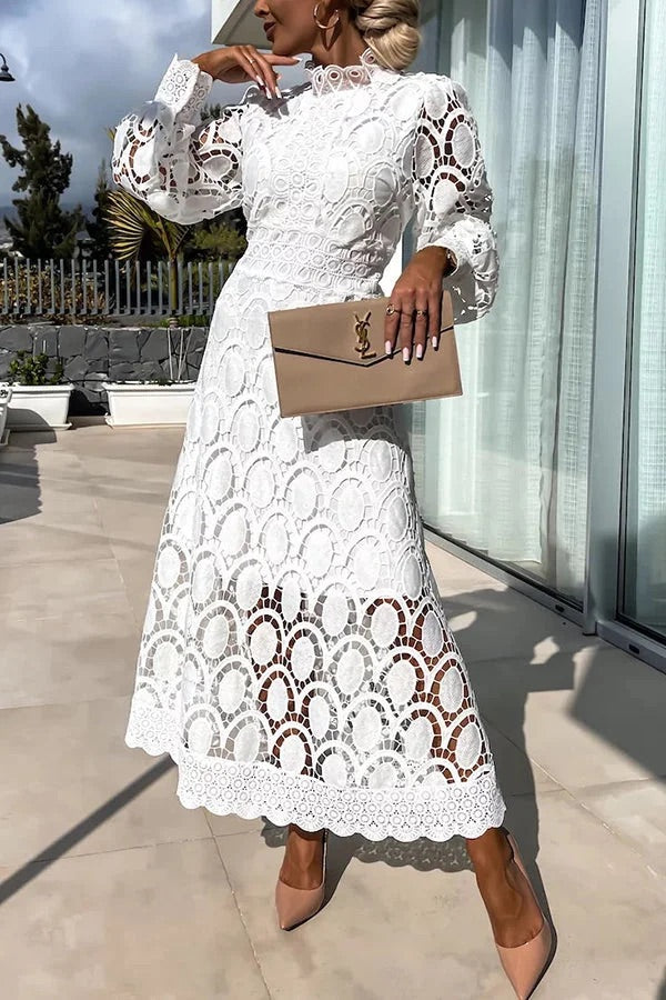 CM | Romántico, Sensual y Elegante Vestido Midi de Encaje de Crochet con Manga Farol de Fiesta