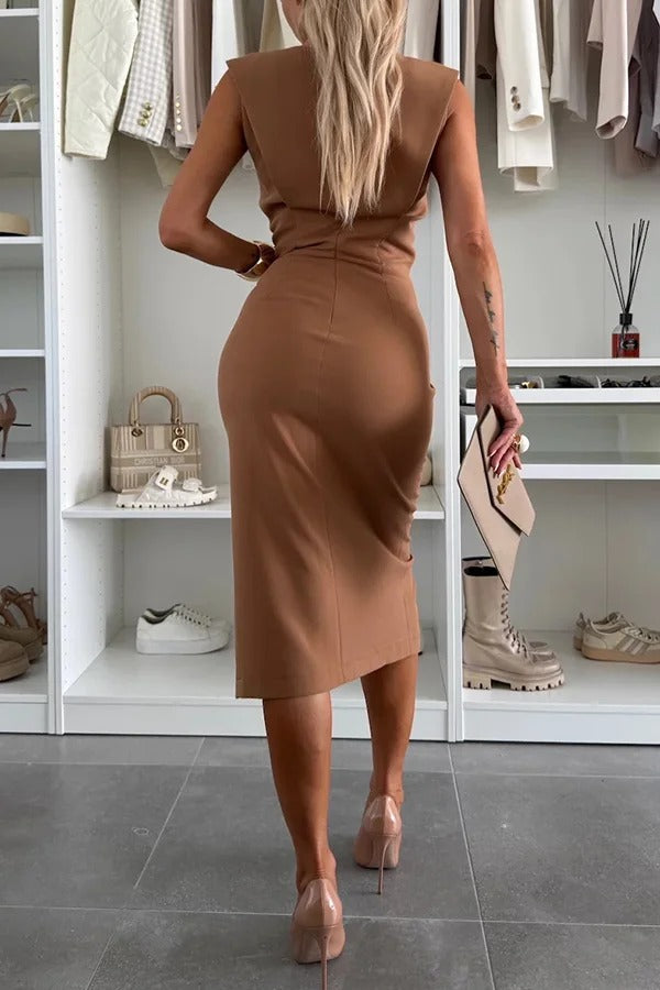 CM | Color sólido Escote redondo Sin mangas Vestido midi slim-fit con abertura