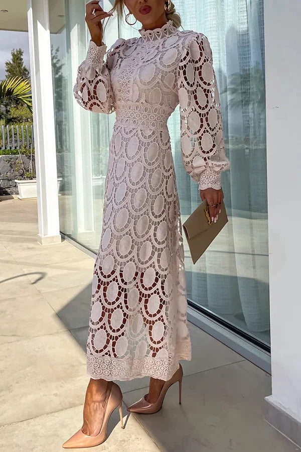 CM | Romántico, Sensual y Elegante Vestido Midi de Encaje de Crochet con Manga Farol de Fiesta