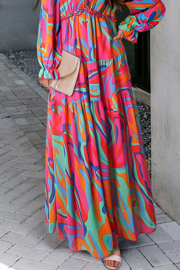 CM | maxi vestido escotado con volantes y estampado floral multicolor