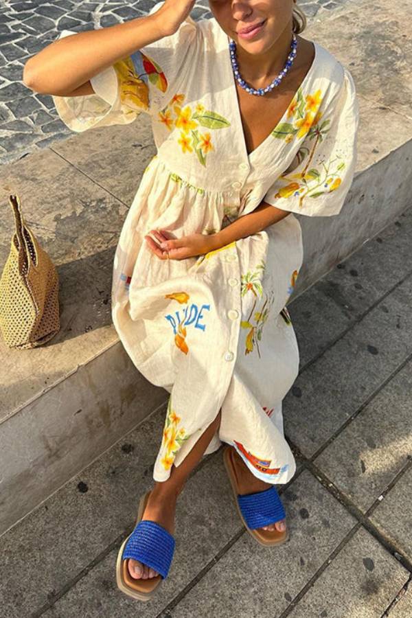 CM | Vestido midi de lino estampado