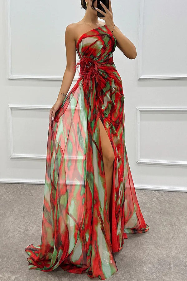 CM | Amazing Views Acuarela Imprimir Pluma Rosa Detalle Off Shoulder Plisado Hendidura Maxi Vestido