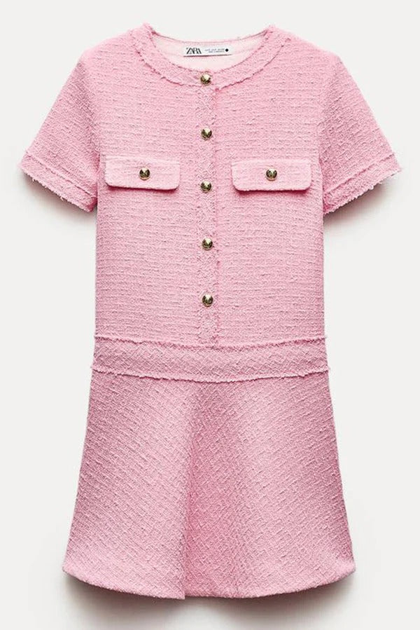 CM | 1960s London Girl tweed texturizado botón dorado manga corta bolsillo mini vestido