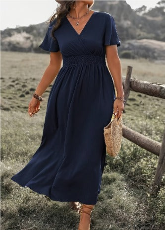 CM | Maxi vestido corto con mangas acampanadas y abertura lateral