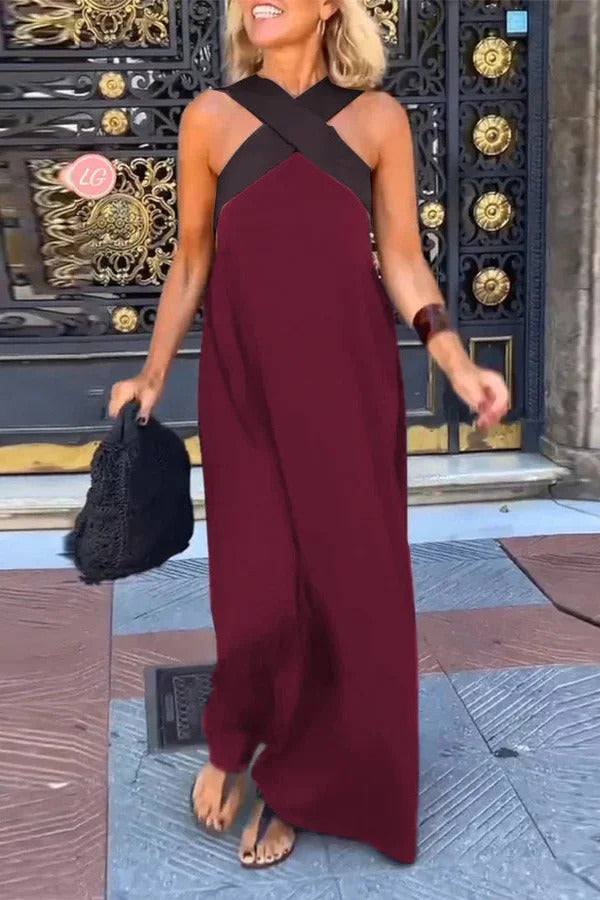 CM | Elegante maxi vestido cruzado sin espalda y sin mangas