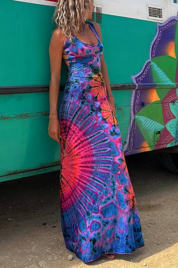 CM | La Bamba maxi vestido elástico con lazada en la espalda y estampado tie-dye