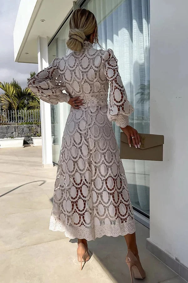 CM | Romántico, Sensual y Elegante Vestido Midi de Encaje de Crochet con Manga Farol de Fiesta