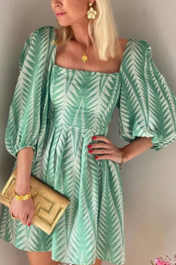 CM | verano verde lino mezcla estampado étnico mangas globo espalda lace-up mini vestido
