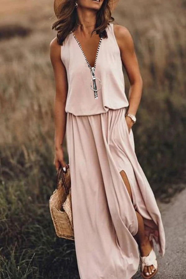 CM | Vestido largo sin mangas mujeres casuales cintura cremallera carta vestido