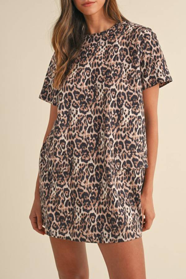 CM | Marrón Leopardo Mini Vestido de Manga Corta con Bolsillo