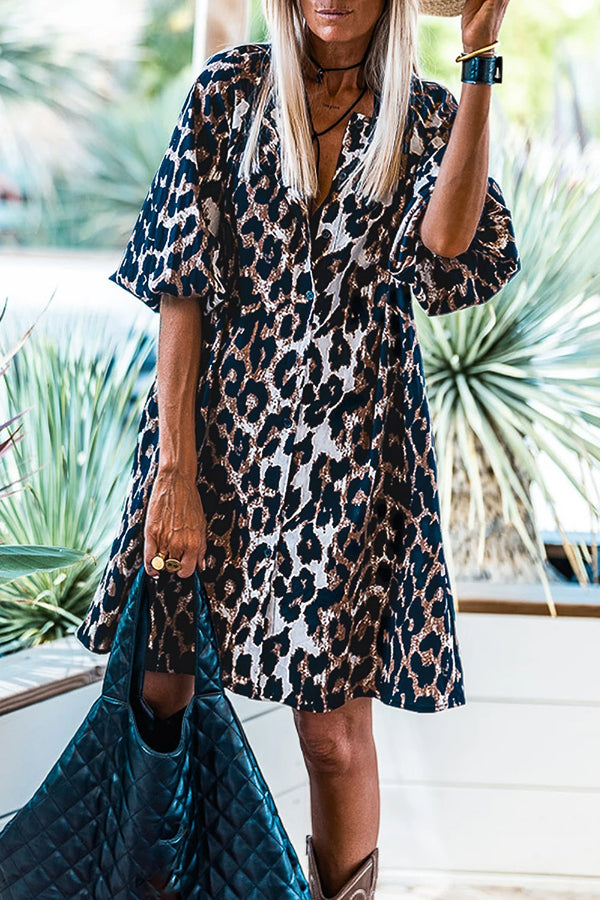 CM | Mini Vestido Abotonado Negro Leopardo Manga Farol