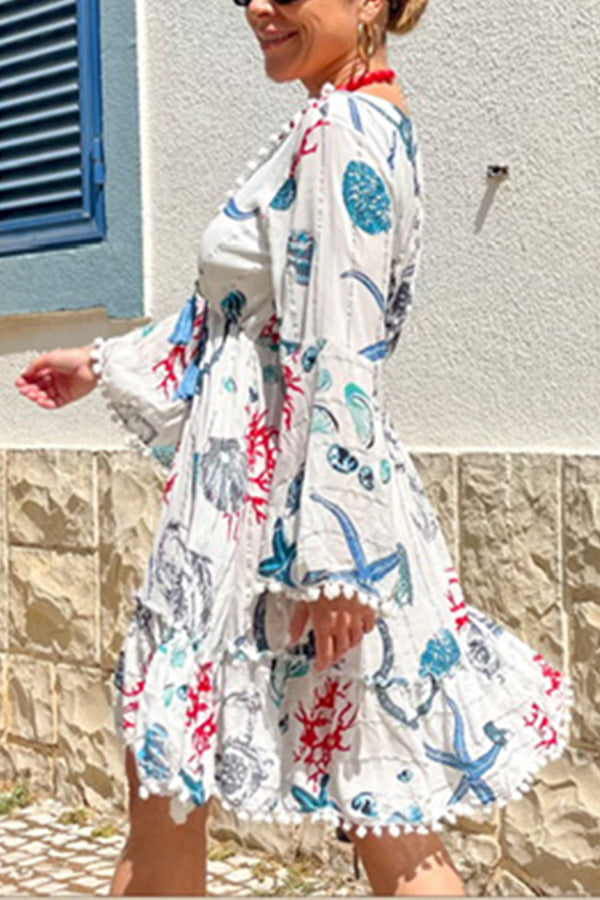 CM | Vestido Corto Manga Campana Cuello en V Coral Estrella de Mar