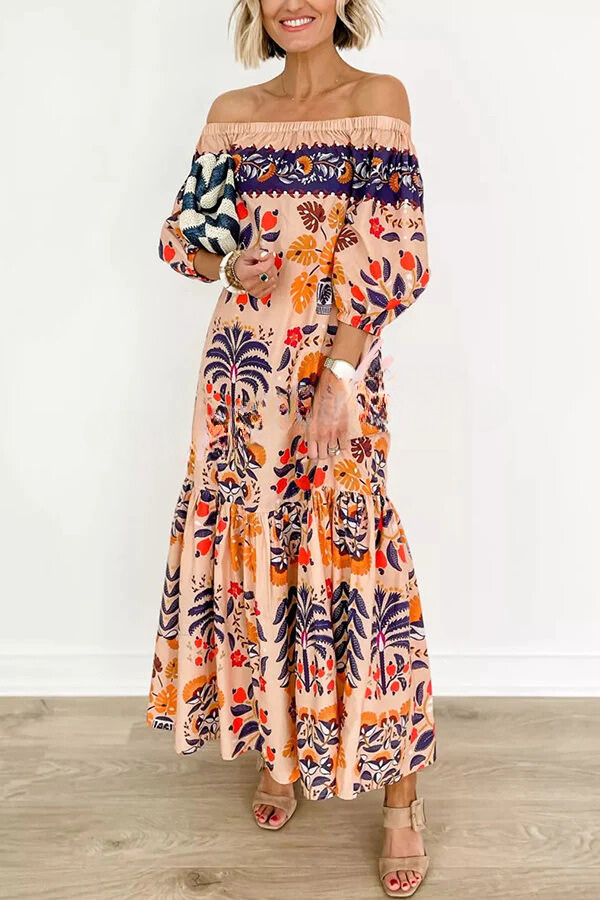 CM | Island Lover Vestido midi estampado con hombros al aire