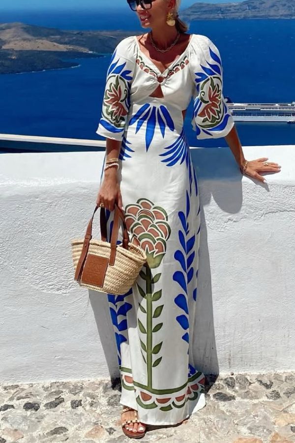 CM | Mezcla de lino estampado único Cuello en V Espalda Hueca Encaje Libre Maxi Vestido de Vacaciones