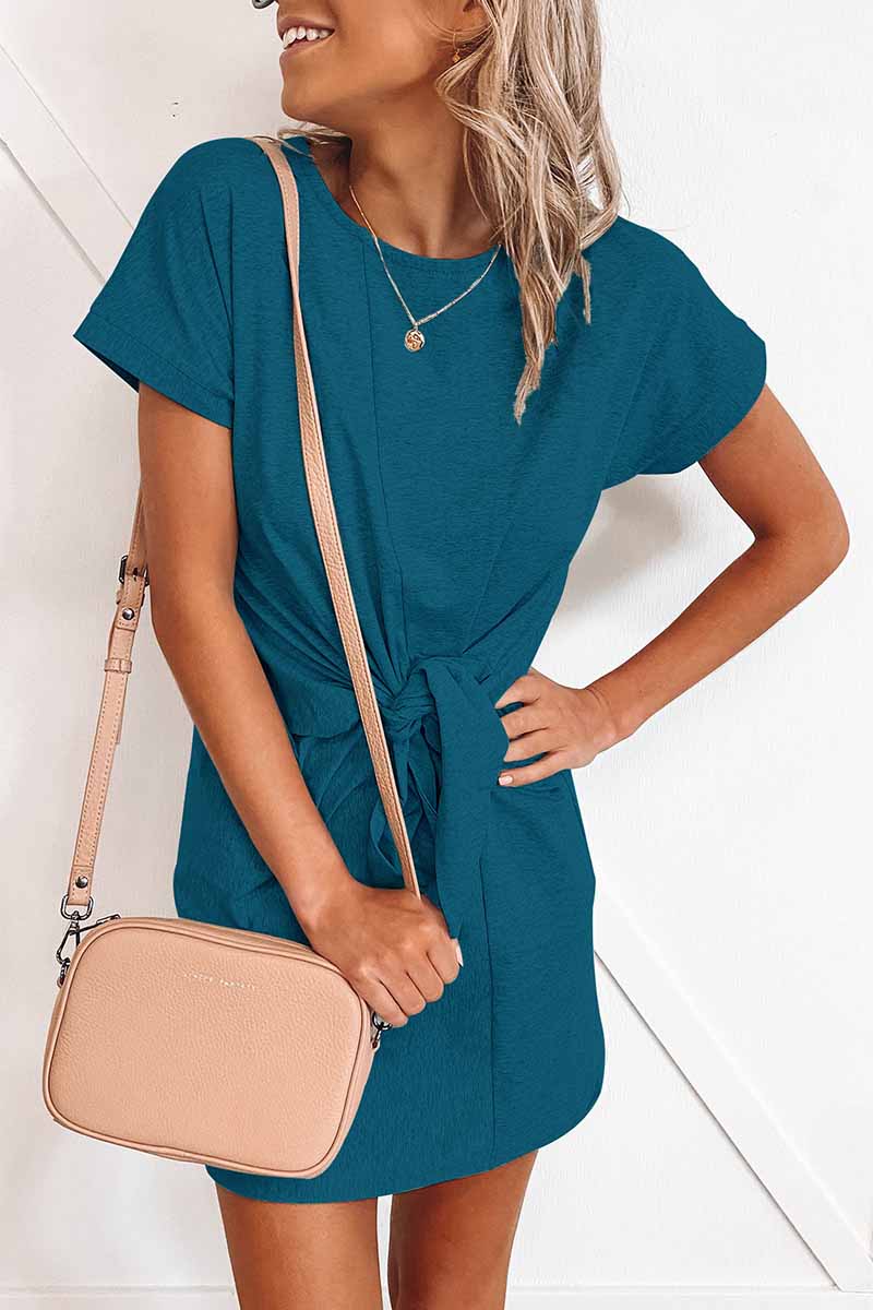 CM | Florcoo Lazo Suelto Color Sólido Mini Vestido de Manga Corta(6 Colores)