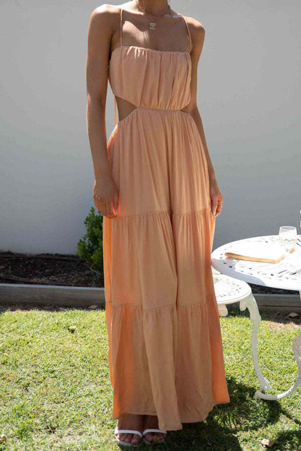 CM | Vestido largo de swing sin mangas, con cintura abierta y capas