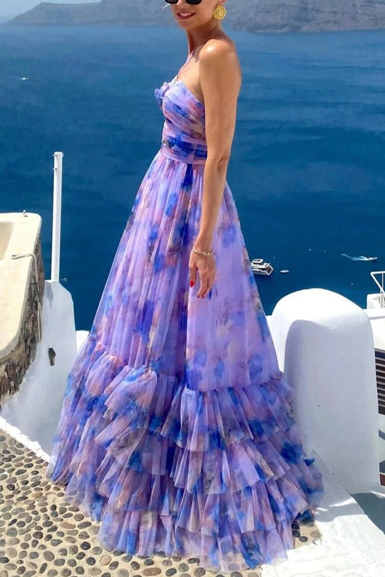 CM | Dreamy Clouds Tul estampado Rosa Detalle Cuello Ruffle Striped Halter Maxi Vestido
