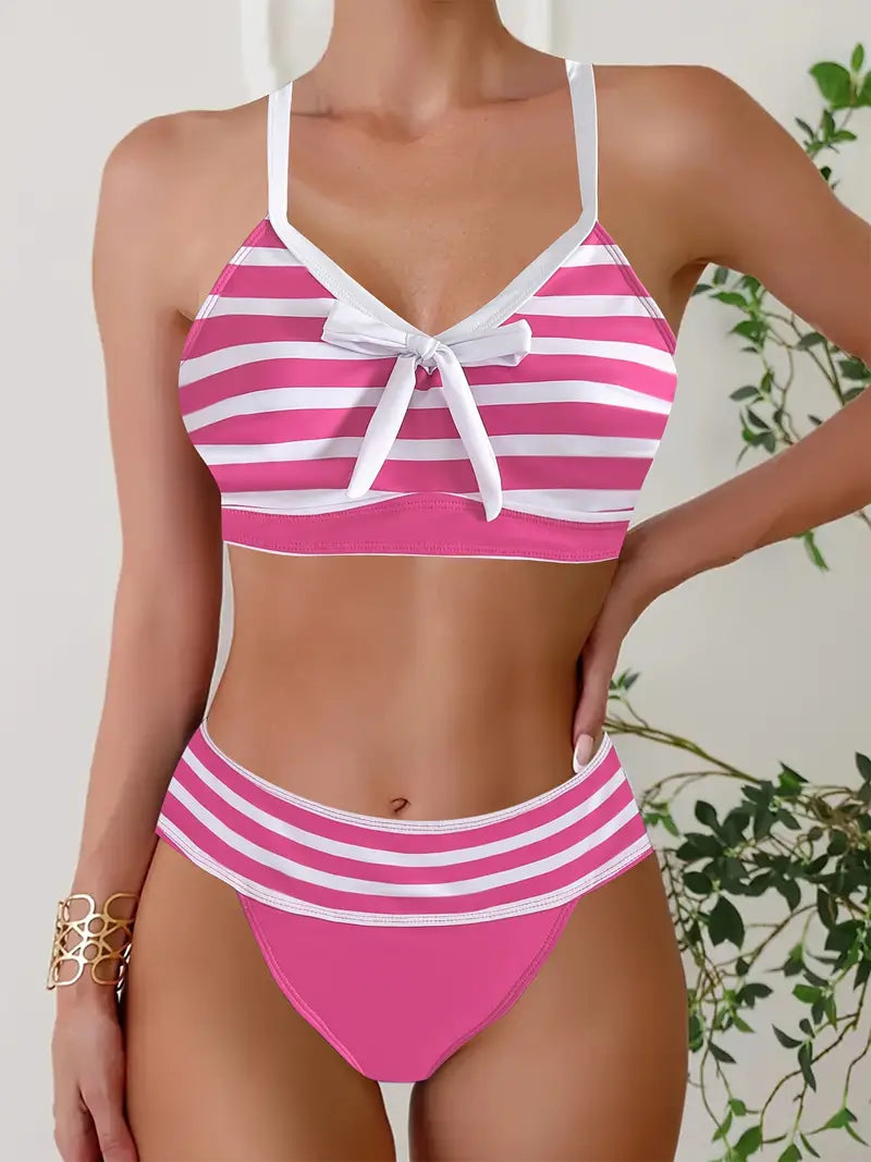 CM | Bikini sexy con estampado de rayas y nudo en V