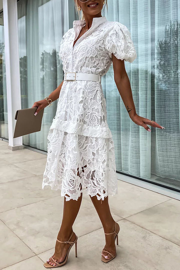 CM | Absolutamente Elegante Floral Crochet Encaje Puff Manga Cinturón Camisa Vestido Midi