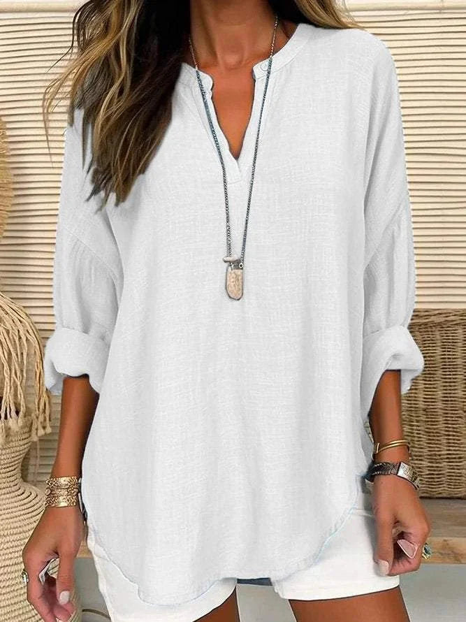 CM | Camisa regular de manga larga con cuello en V, monocolor, de manga larga y corte holgado