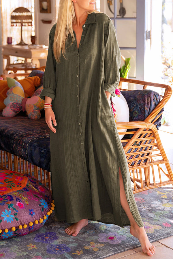 CM | Green Vestido maxi suelto con pliegues y abertura lateral