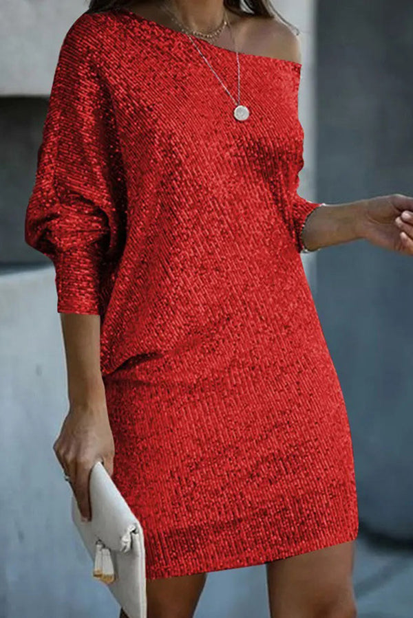 CM | Lentejuelas Sólido Off-shoulder Mini Vestido Suelto