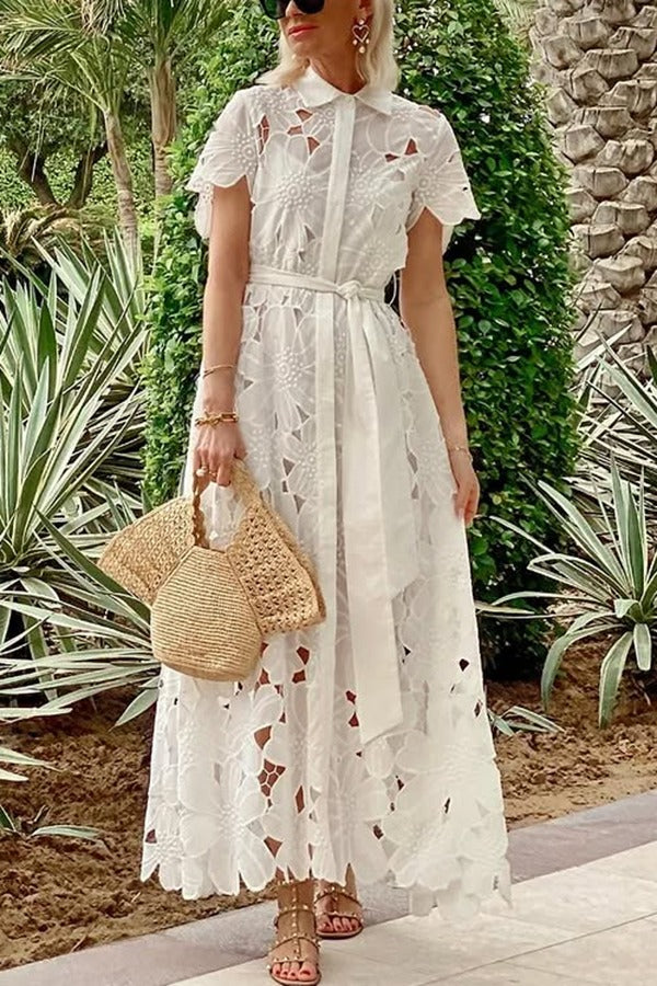 CM | Dubai Estilo Floral Crochet Encaje Manga Corta Atado Camisa Maxi Vestido