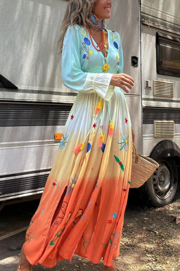 CM | Gigi Maxi Vestido con Flecos y Cintura Elástica con Estampado Degradado y Diseño Único