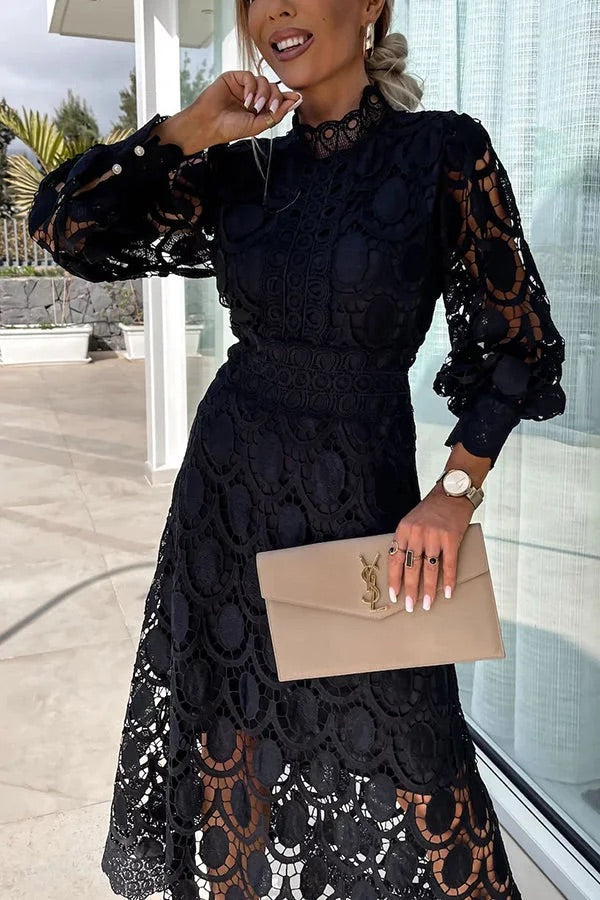 CM | Romántico, Sensual y Elegante Vestido Midi de Encaje de Crochet con Manga Farol de Fiesta
