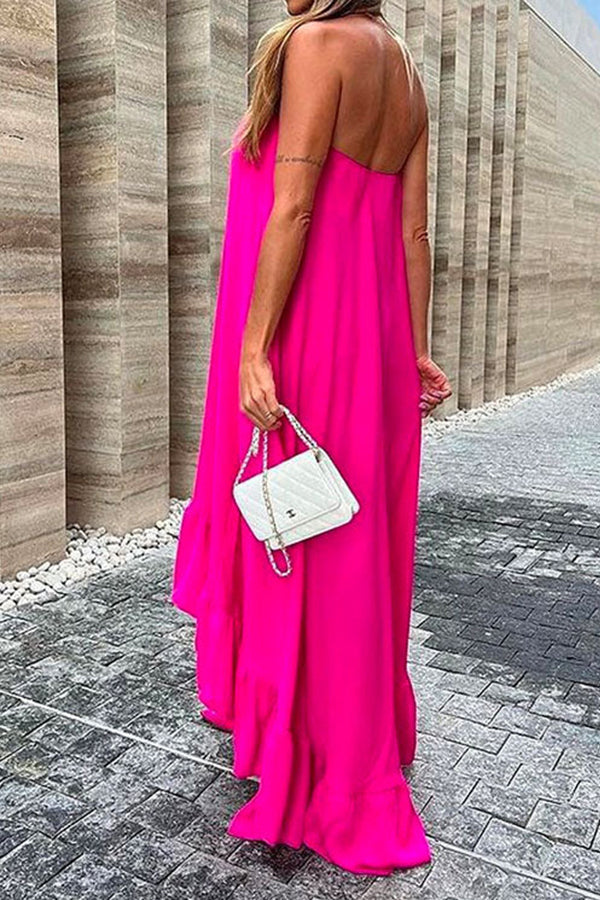 CM | Maxivestido sin mangas, sin hombros, irregular con volantes