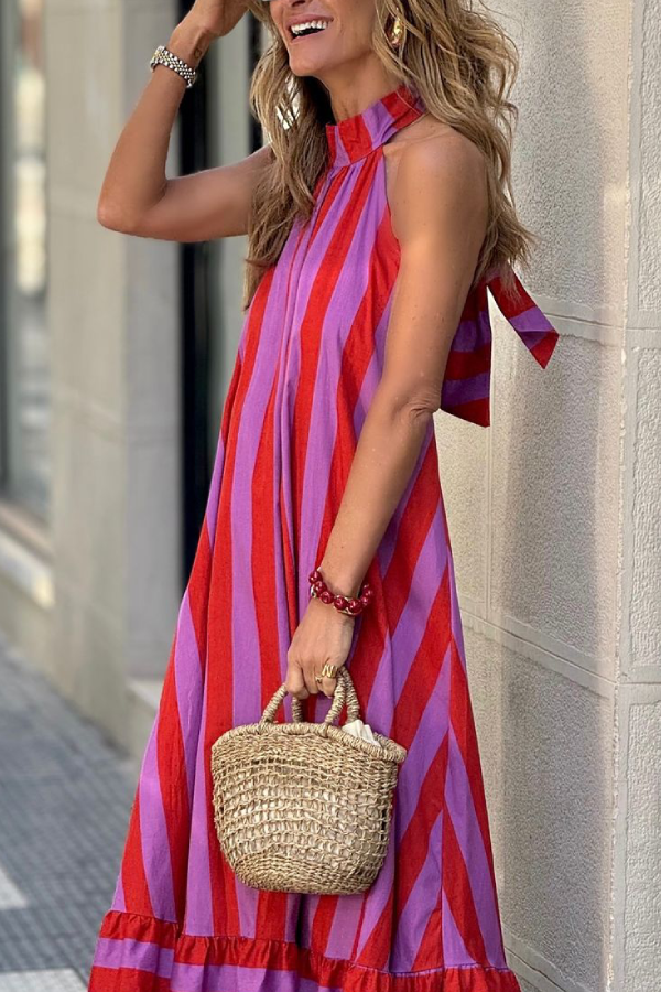 CM | Vestido largo sin espalda de rayas rojas casual