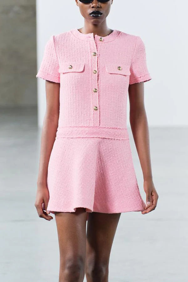 CM | 1960s London Girl tweed texturizado botón dorado manga corta bolsillo mini vestido