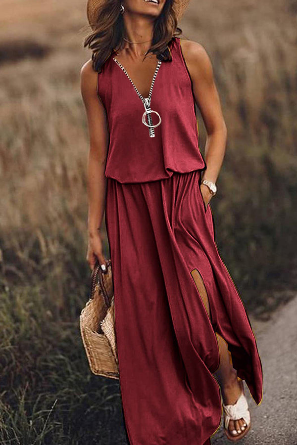 CM | Vestido largo sin mangas mujeres casuales cintura cremallera carta vestido