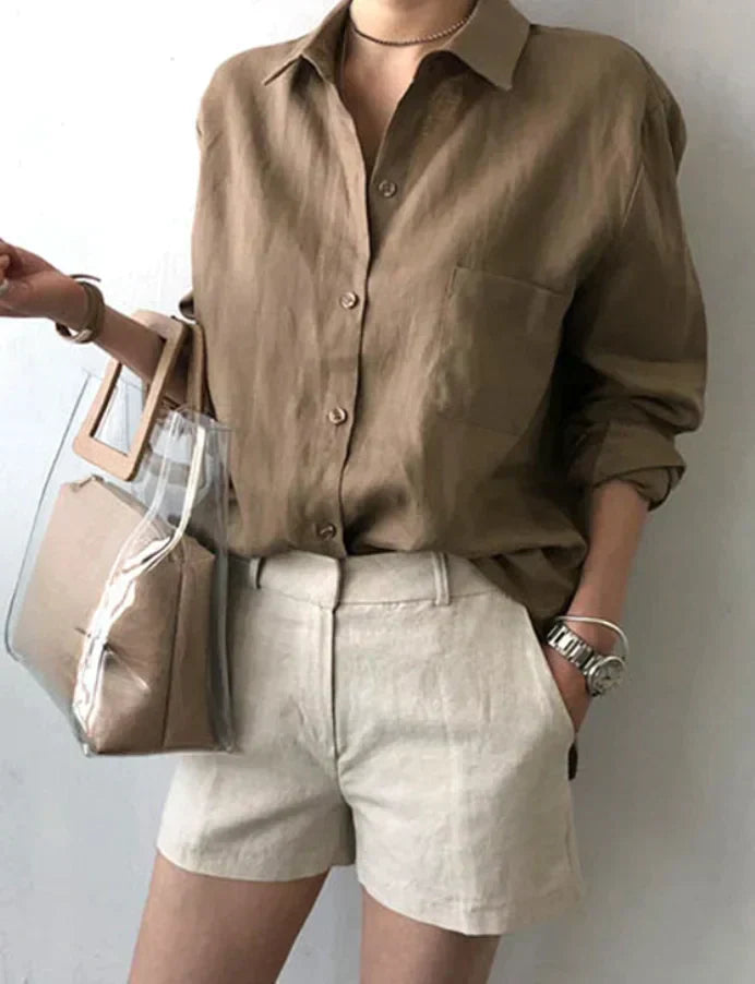 CM señoras camisa de algodón primavera suelta liso cuello camisa blusa casual