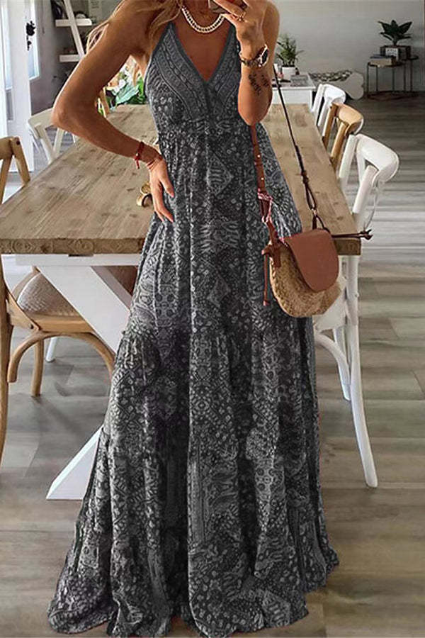 CM | Celeste maxi vestidos de tirantes con estampado boho y cintura elástica
