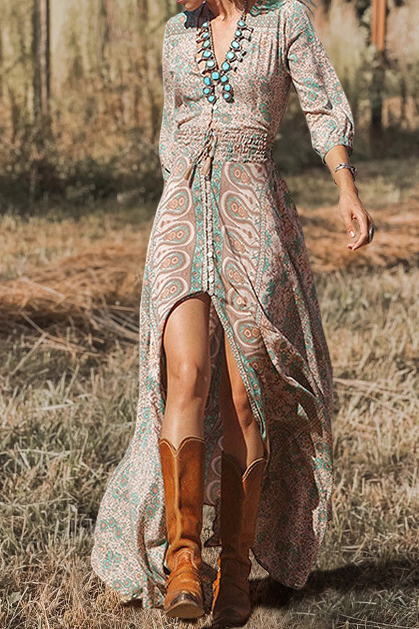 CM | Precioso maxi vestido estampado de manga larga con escote en V