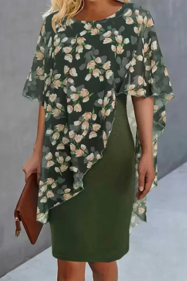 CM | Gasa Estampado Floral Cuello Redondo Mini Vestido Casual