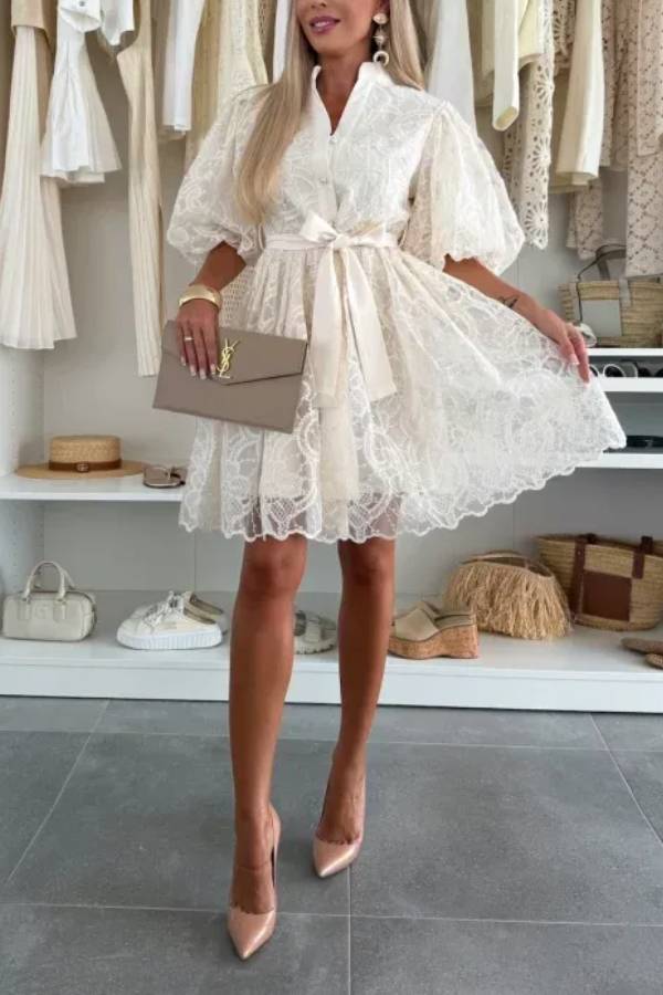 CM | Verano romántico bordado de encaje mangas abullonadas Button Tie Mini Vestido