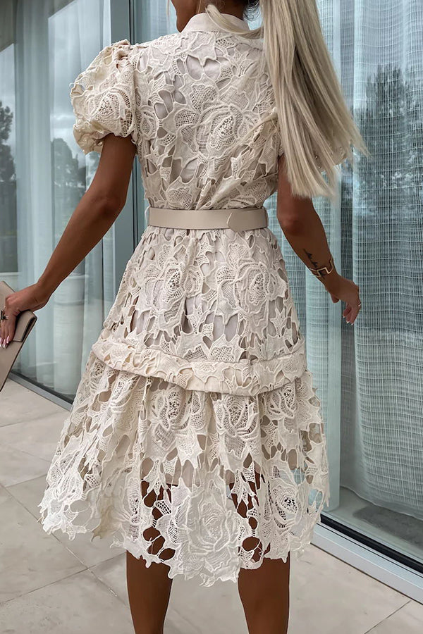 CM | Absolutamente Elegante Floral Crochet Encaje Puff Manga Cinturón Camisa Vestido Midi