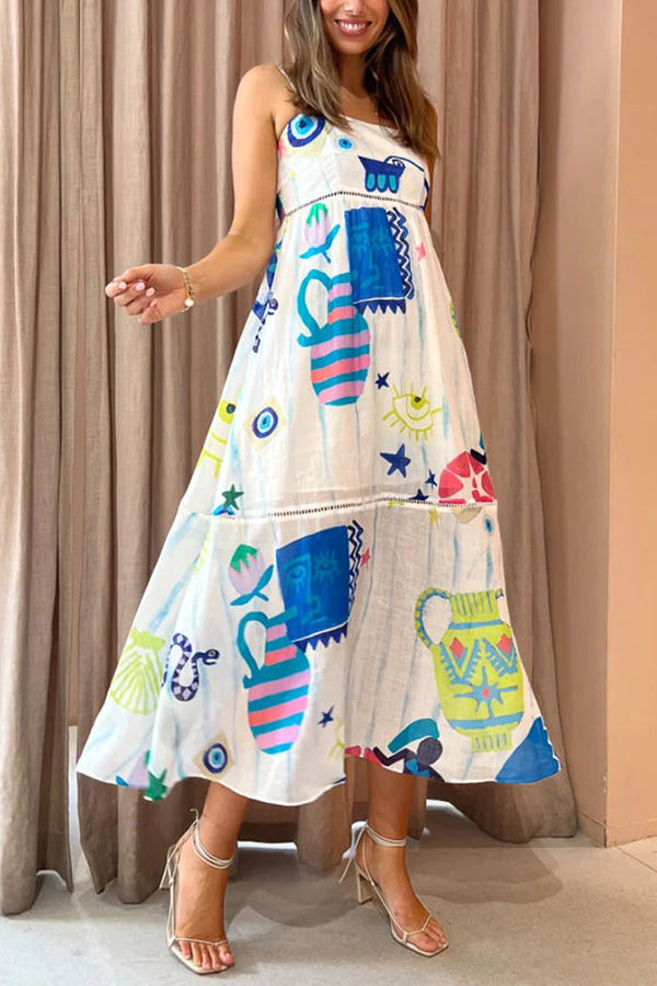 CM | She's The Fun Vestido midi con estampado lúdico en mezcla de lino y ribete en escalera